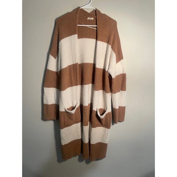 Thread‎ & Supply Tan and Cream Striped Teddy Longline Cardigan Size Large - Picture 1 of 12